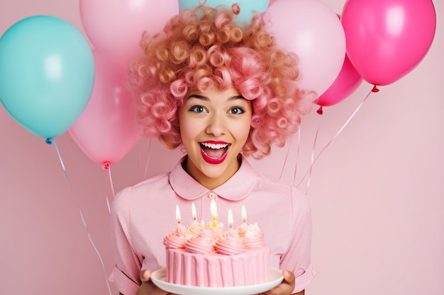 a woman with curly hair holding a cake