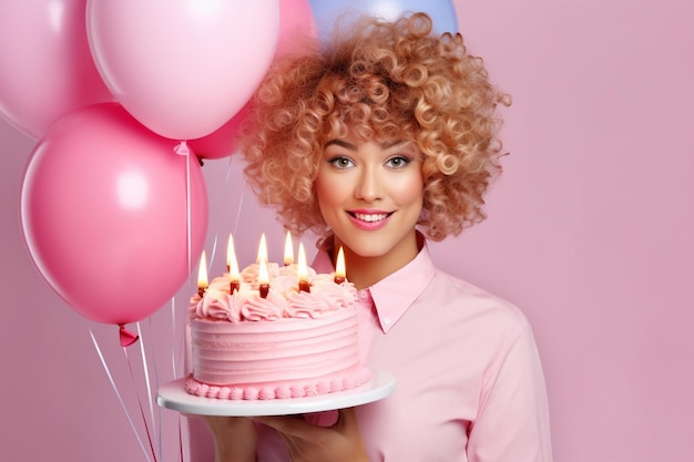 Foto una donna con i capelli ricci che tiene una torta