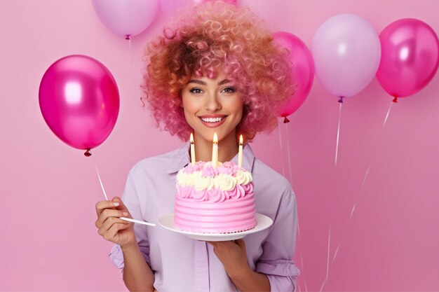 Photo a woman with curly hair holding a cake