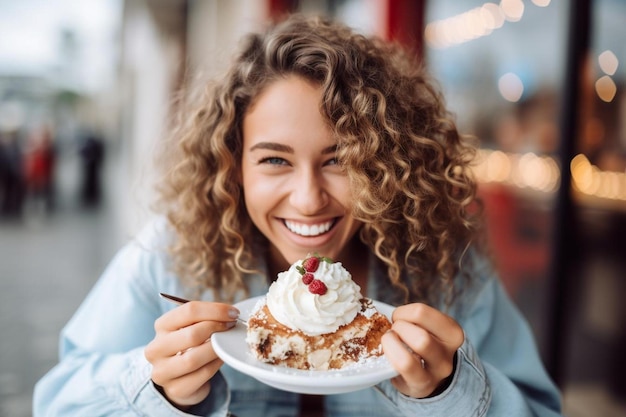 Foto una donna con i capelli ricci che tiene un piatto di torta con delle fragole su di esso