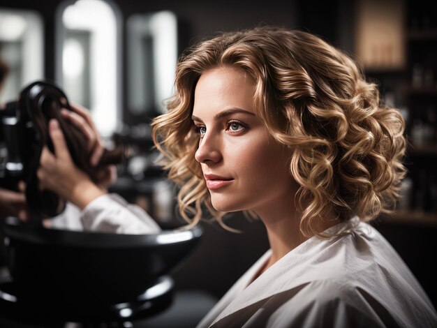 Photo a woman with curly hair is holding a pan with a black background behind her