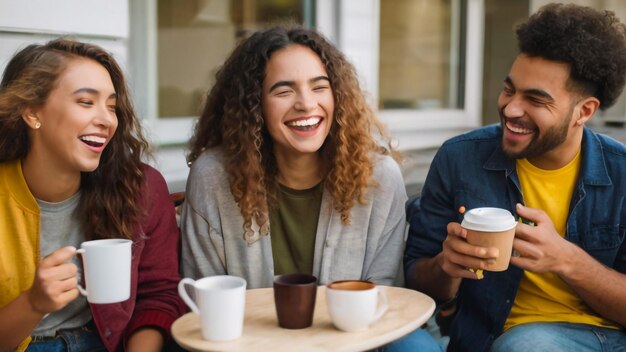 Photo a woman with curly hair is laughing and laughing with a cup of coffee