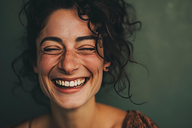 Foto una donna con i capelli ricci sta ridendo