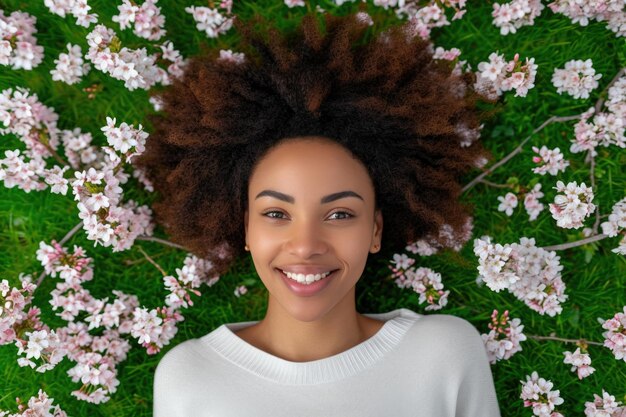 Photo a woman with curly hair is laying on the grass next to a field of pink flowers