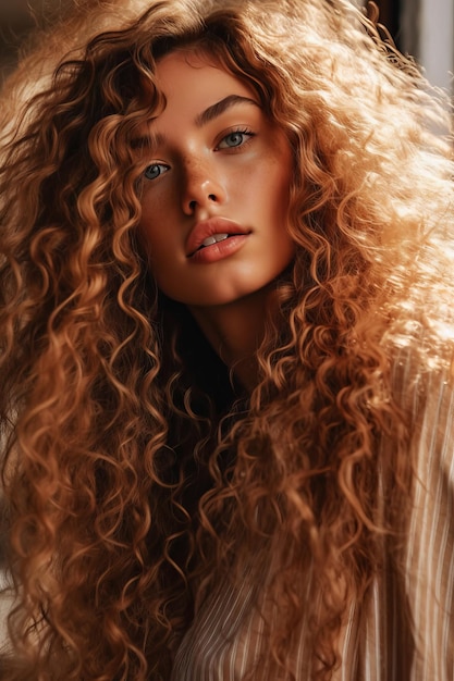 A woman with curly hair is looking at the camera.