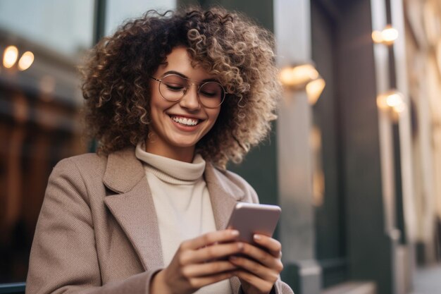 Photo a woman with curly hair is looking at her phone and smiling