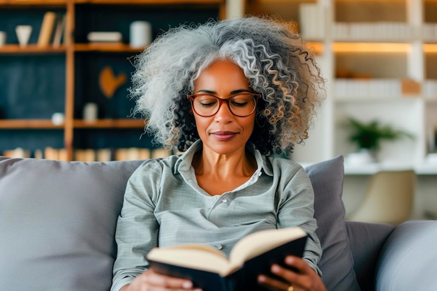 A woman with curly hair is reading a book on a couch