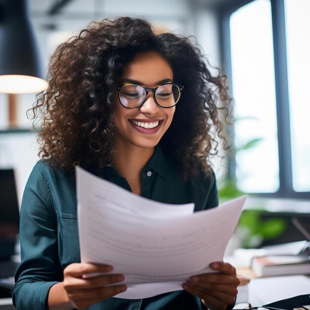 a woman with curly hair is reading a piece of paper