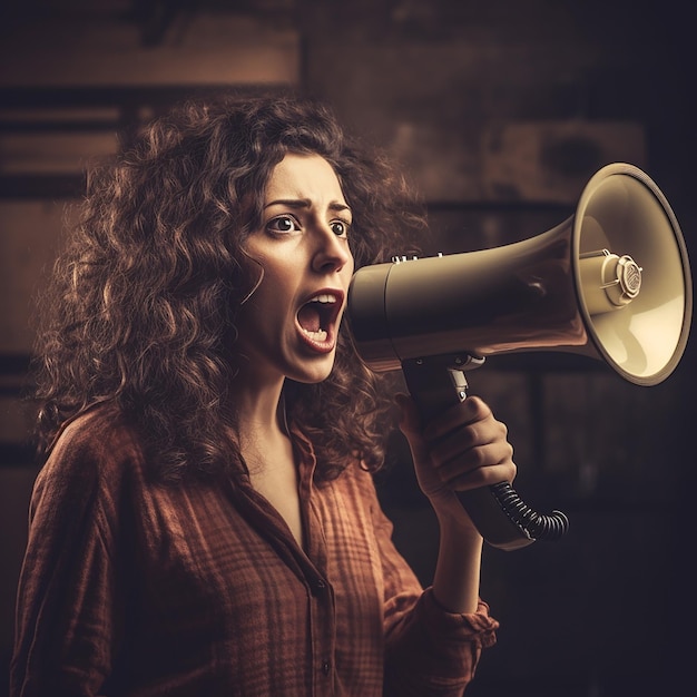 A woman with curly hair is shouting into a megaphone.