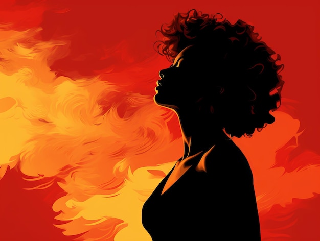 A woman with curly hair is silhouetted against a red and orange background