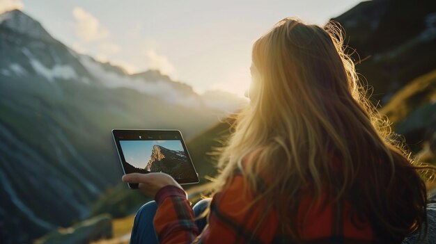 Foto una donna con i capelli ricci è seduta su un divano e guarda un tablet