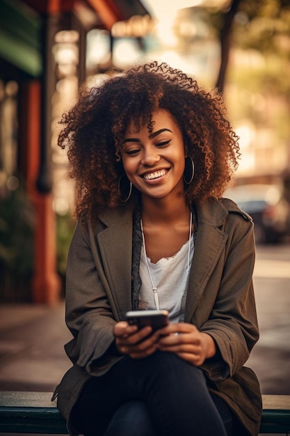 Photo a woman with curly hair is sitting on a sidewalk and looking at her phone