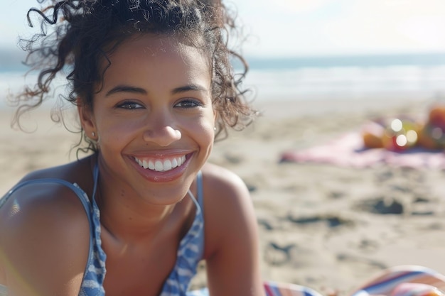 A woman with curly hair is smiling at the camera on a beach