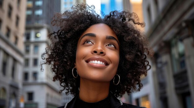 A woman with curly hair is smiling and looking up at the sky