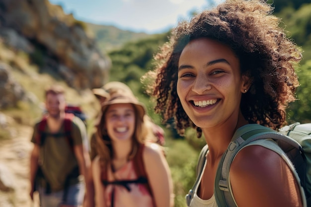 A woman with curly hair is smiling and posing for a photo with two other people