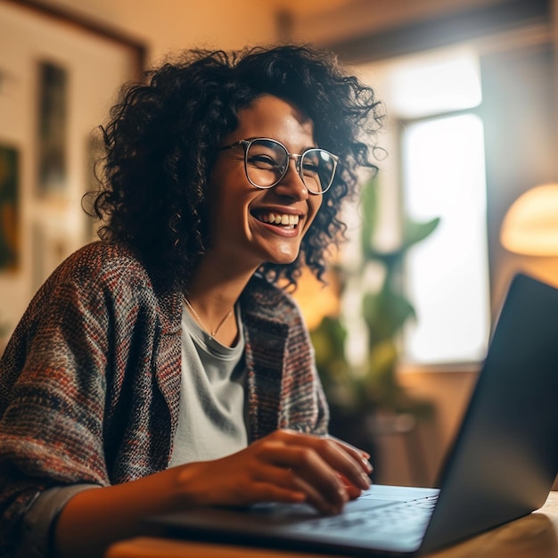 a woman with curly hair is smiling and smiling while using a laptop