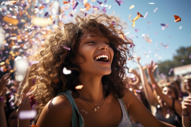 Woman with curly hair is smiling and surrounded by crowd of people Concept of joy and celebration as woman is having great time at party or event