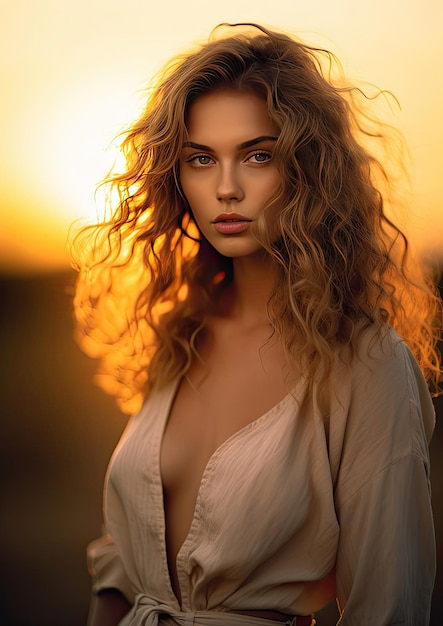 a woman with curly hair is standing in front of a sunset.