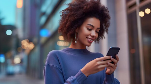 a woman with curly hair is texting on her phone and smiling