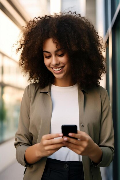 a woman with curly hair is texting on her phone