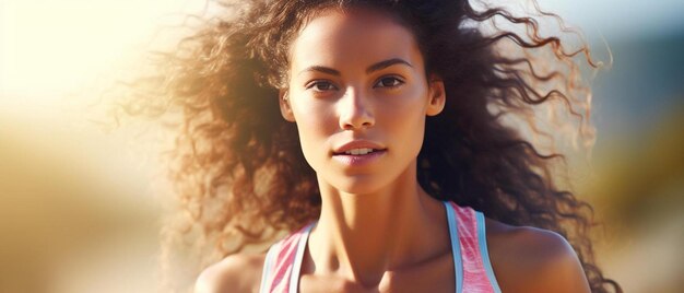 Photo a woman with curly hair is walking in a sunny day