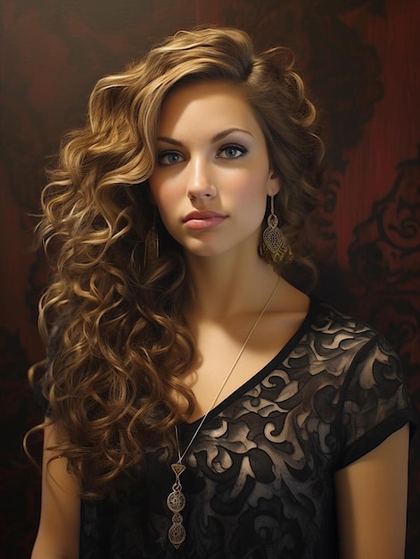 A woman with curly hair is wearing a black lace dress with a gold chain.