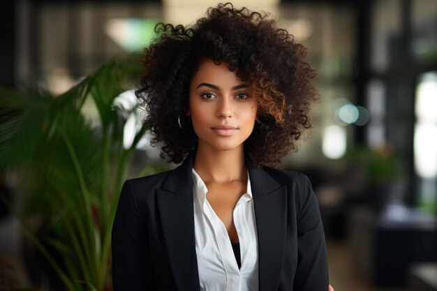 A woman with curly hair is wearing a black suit and white shirt