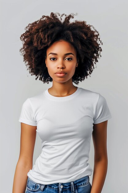 A woman with curly hair is wearing a white shirt and blue jeans