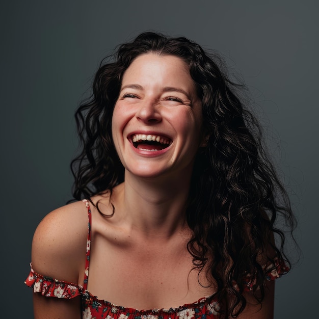 A woman with curly hair laughing