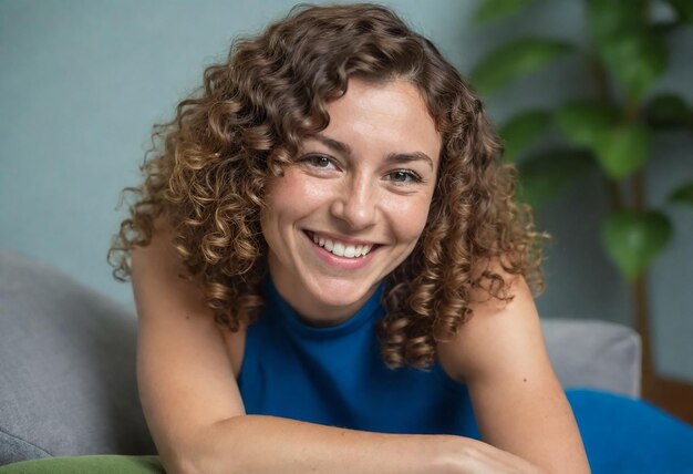 a woman with curly hair laying on a couch