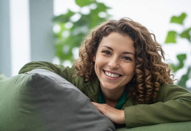 Photo a woman with curly hair laying on a green couch