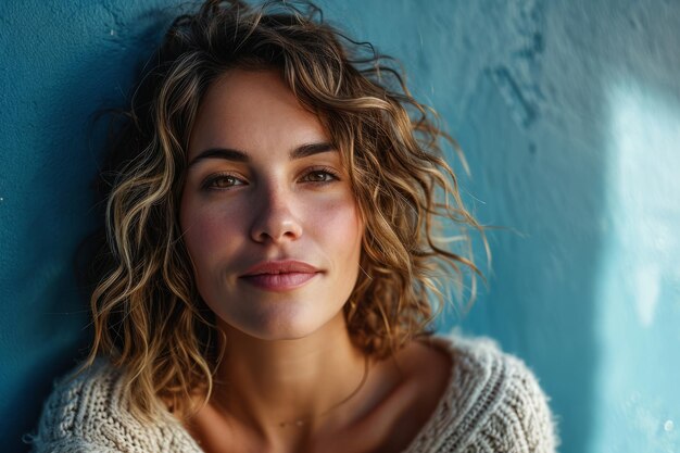 A woman with curly hair leaning against a blue wall