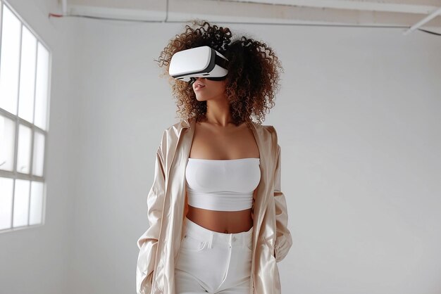 Woman with curly hair looking around in virtual reality goggles in white room