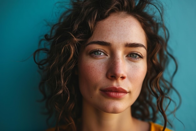 A woman with curly hair looking at the camera