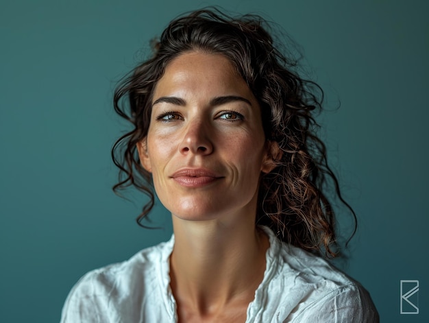 Foto una donna con i capelli ricci guardando la telecamera