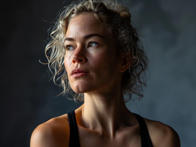 A woman with curly hair looking off to the side