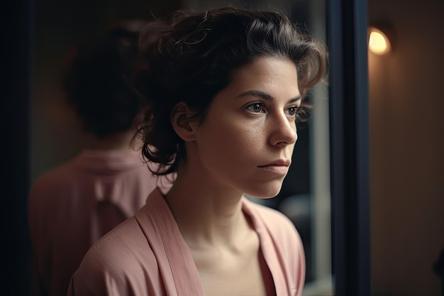 A woman with curly hair looking out a window