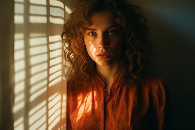 a woman with curly hair looking out the window