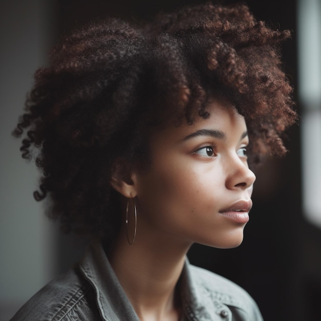 巻き毛の女性が窓の外を見ています。