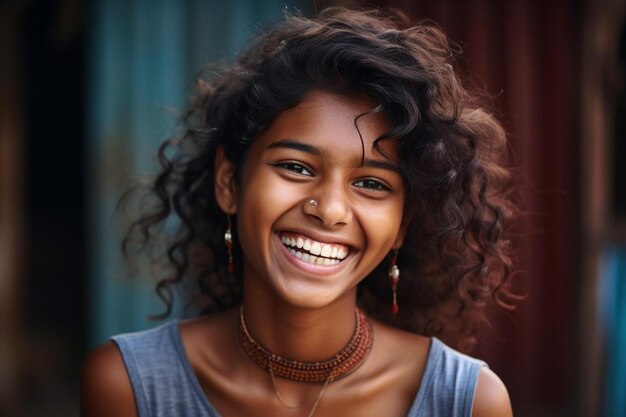 a woman with curly hair and a necklace on her neck