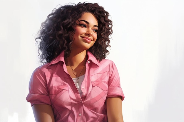 a woman with curly hair and a pink shirt is smiling.