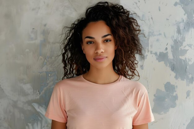 a woman with curly hair and a pink shirt is standing in front of a wall with a white wall behind her