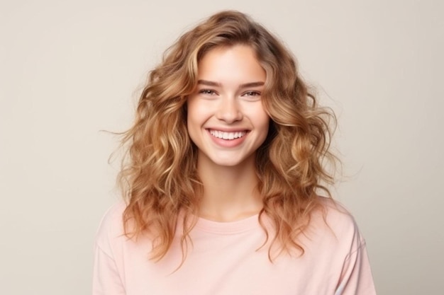 a woman with curly hair and a pink shirt