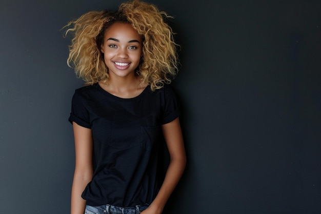 Photo a woman with curly hair posing against a gray background