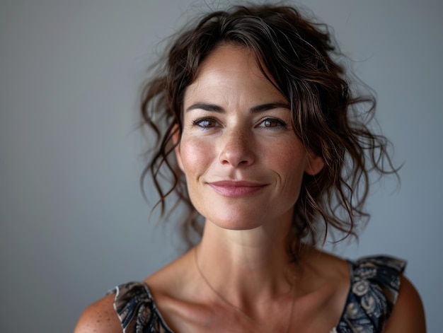 A woman with curly hair posing for the camera