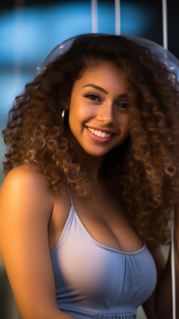 a woman with curly hair posing for a photo