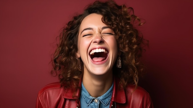 A woman with curly hair and a red leather jacket smiles and laughs.