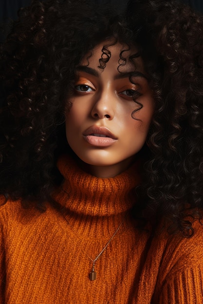 A woman with curly hair and a red sweater