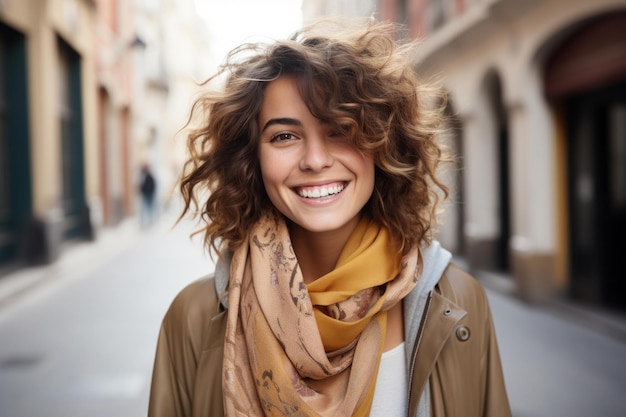 a woman with curly hair and a scarf is smiling