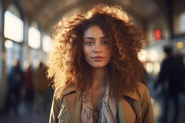 Photo a woman with curly hair and a scarf is standing in a room